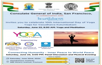 The Consulate General of India in San Francisco, in collaboration with Heartfulness, FOG, and AIA, invites you to embrace the spirit of yoga and mindfulness.
