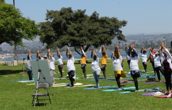 Consulate General of India led by Deputy Consul General Rakesh Adlakha in collaboration with House of India & local San Diego Indian Associations and Yoga Schools celebrated 10th International Day of Yoga at the beautiful Playa Park at Mission Bay, San Diego on 15 June 2024. People participated in Large numbers and enjoyed the Yoga session.