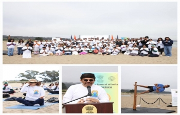 Consulate General of India in San Francisco organized a vibrant celebration of the 10th International Day of Yoga on 21 June 2024 at Crissy Field Beach, with the iconic Golden Gate Bridge as the backdrop. The event was graced by several dignitaries, including members of the Consular Corps and the Chief of Protocol of the City of San Francisco MaryamMuduroglu Consul General Dr. K. Srikar Reddy warmly welcomed the participants and highlighted yoga's significant physical and mental health benefits. He acknowledged the support from partners, including the California Association of Ayurvedic Medicine, SBI & ICICI Bank, in organising the event. The celebration featured a rejuvenating yoga session, during which attendees performed various asanas based on the Common Yoga Protocol and a peaceful meditation session. The event also included a unique demonstration of Mallakhamb, a traditional Indian sport involving yoga on a pole, which added a special touch to the yoga practices. The serene setti