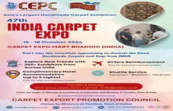 47th Edition of the INDIA CARPET EXPO, 15-18 October 2024 is being organized at Carpet Expo Mart, Bhadohi, Uttar Pradesh, (India) under the aegis of the Government of India.